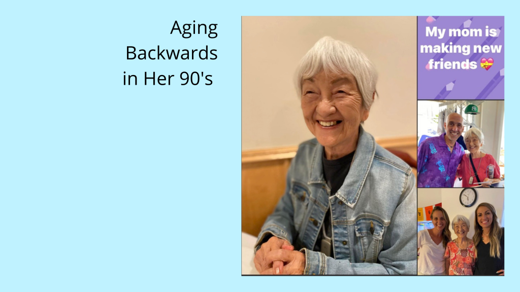 Photo collage of senior woman smiling and posing with friends with the text: my mom is making new friends.